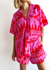 Printed Button Up Shirt and Shorts Set