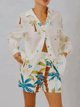 Printed Button Up Shirt and Shorts Set Apricot / S