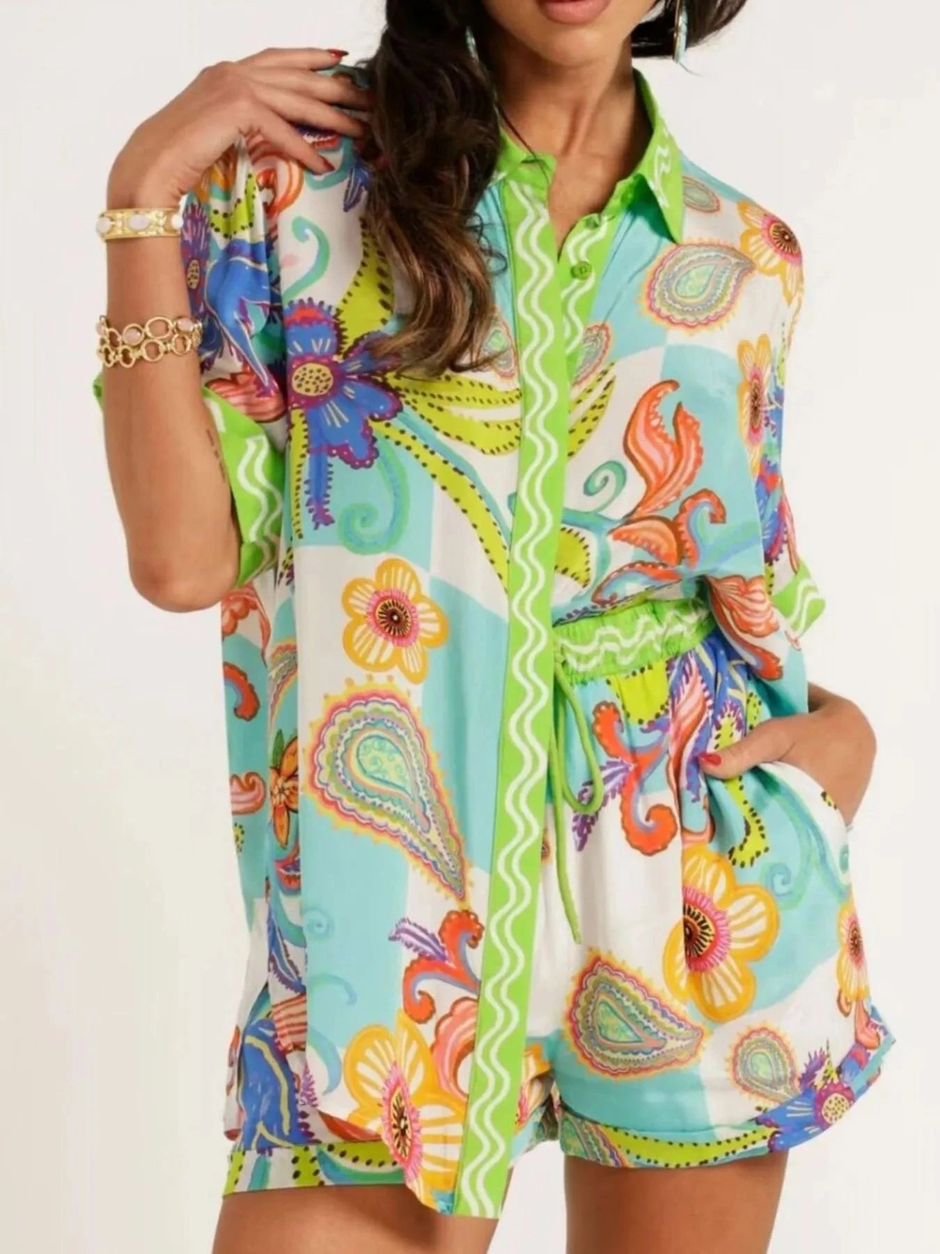 Printed Button Up Shirt and Shorts Set Green / S