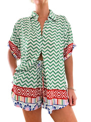 Printed Button Up Shirt and Shorts Set Gum Leaf / S