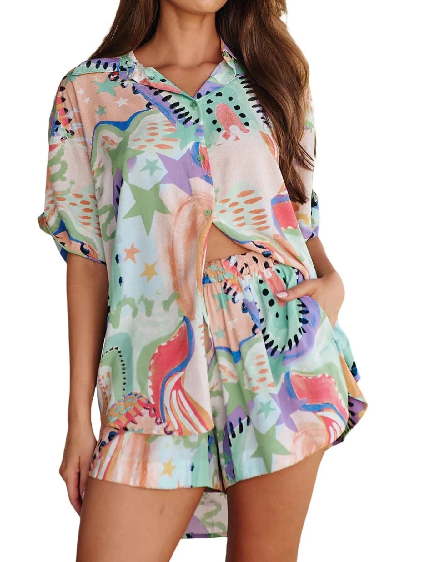 Printed Button Up Shirt and Shorts Set Multicolor / S