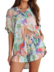 Printed Button Up Shirt and Shorts Set Multicolor / S