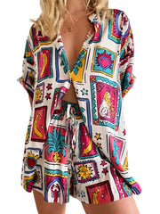 Printed Button Up Shirt and Shorts Set Red-Violet / S