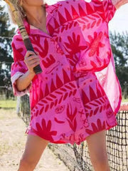 Printed Button Up Shirt and Shorts Set Rose Red / S