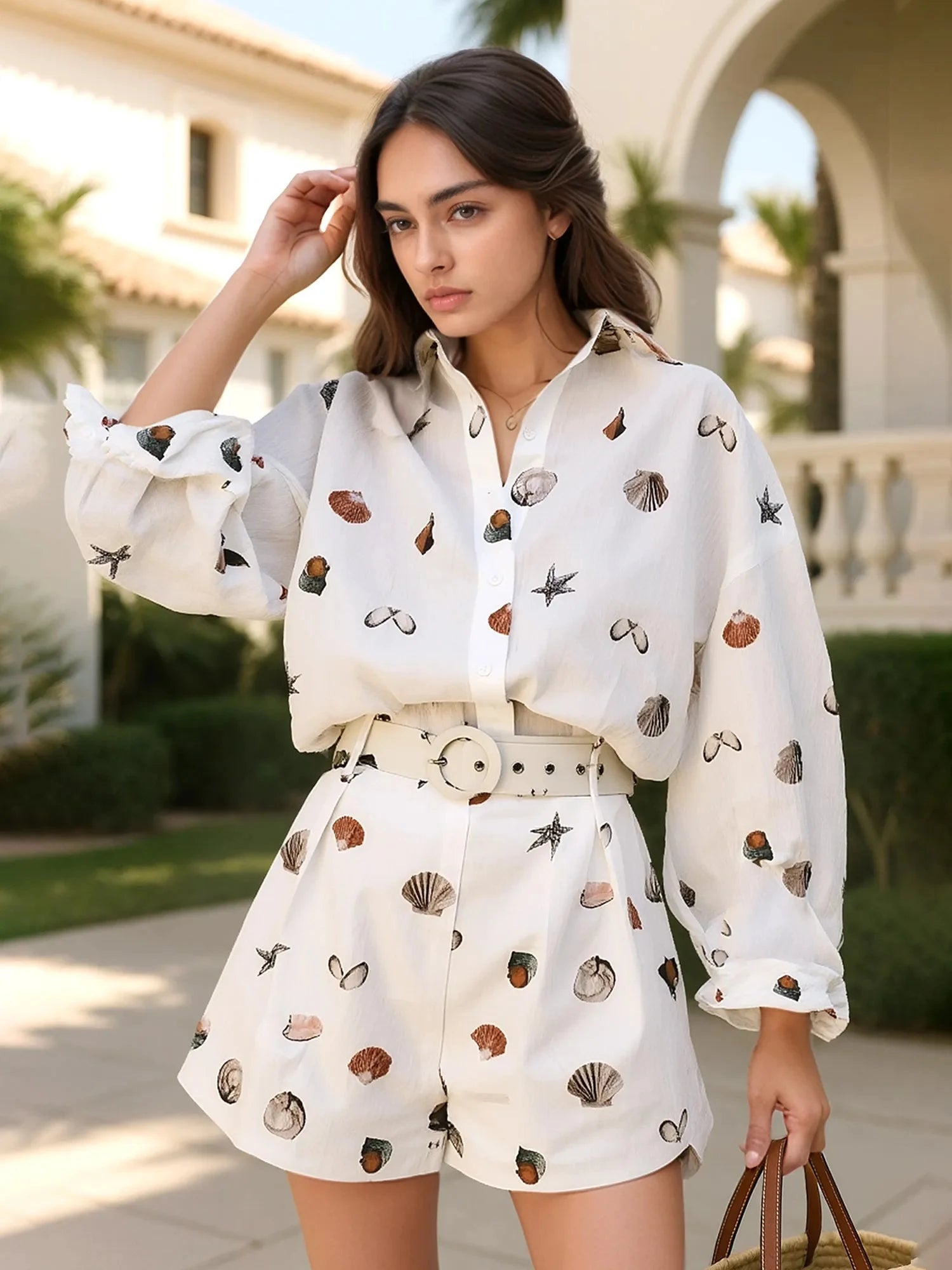 Printed Button Up Shirt and Shorts Set White / S
