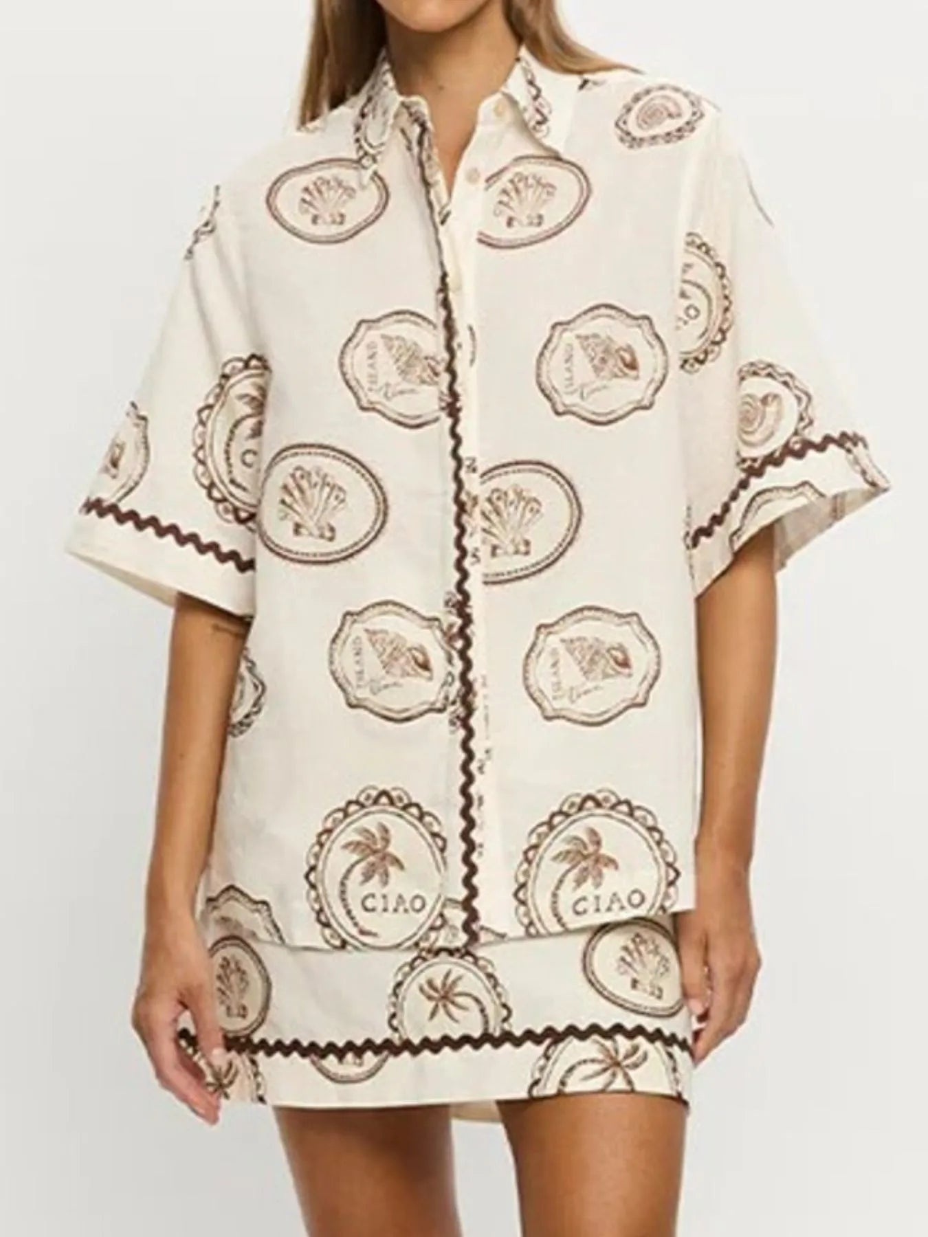 Printed Button Up Shirt and Skirt Set