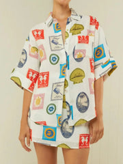 Printed Button Up Shirt and Skirt Set