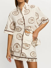 Printed Button Up Shirt and Skirt Set Beige / S