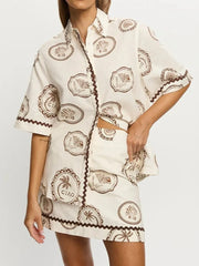 Printed Button Up Shirt and Skirt Set Beige / S