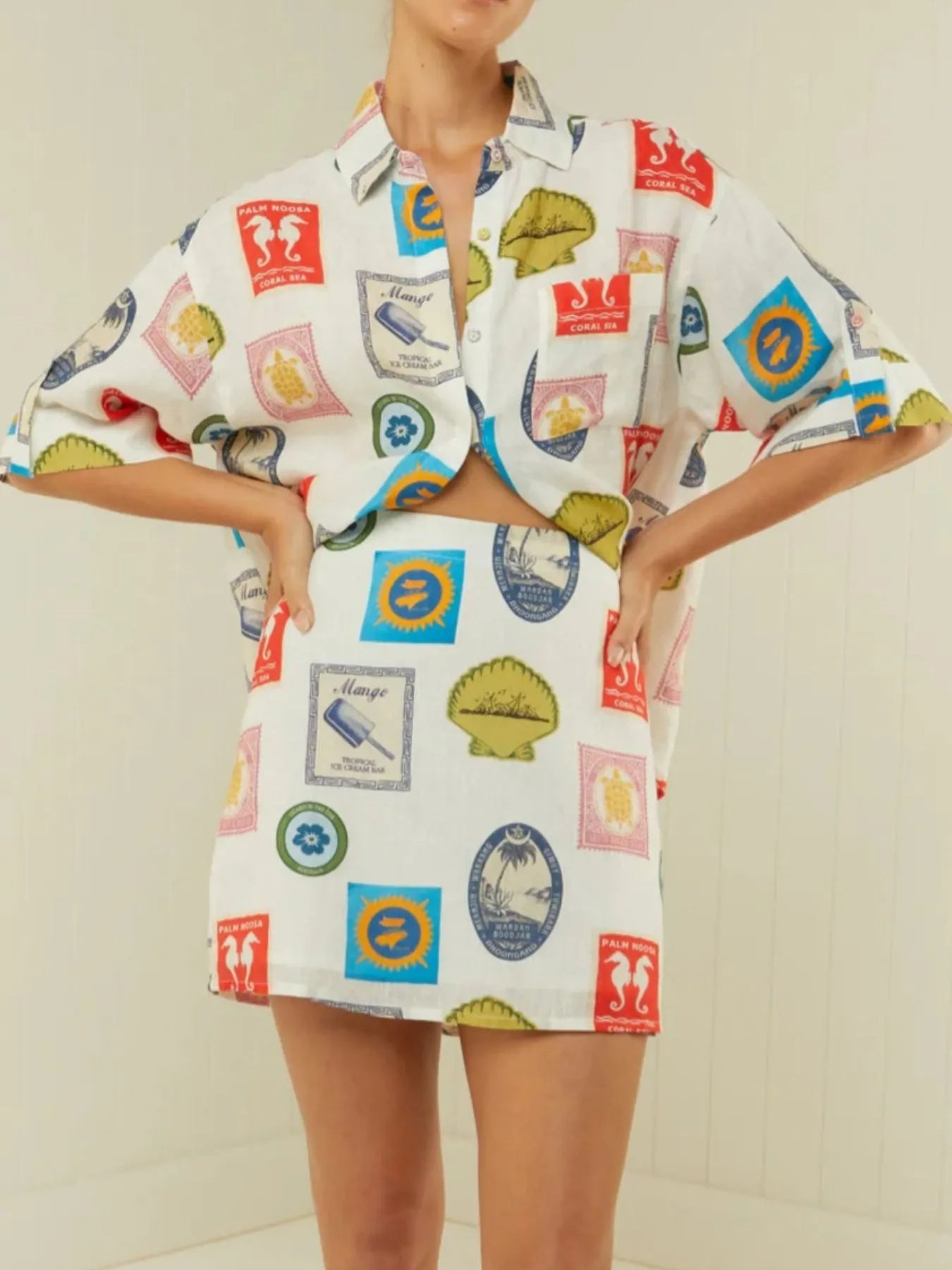 Printed Button Up Shirt and Skirt Set White / S