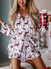 Printed Collared Neck Long Sleeve Top and Shorts Lounge Set White / S