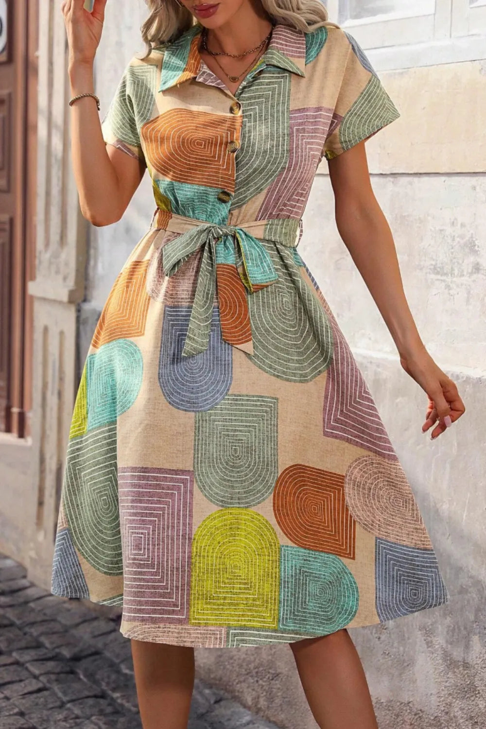 Printed Collared Neck Tie Waist Dress