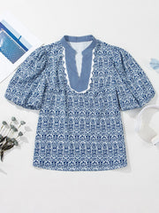 Printed Contrast Ric-Rac Puff Sleeve Top