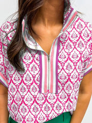 Printed Half Zip Short Sleeve Blouse