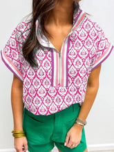 Printed Half Zip Short Sleeve Blouse Pink / S