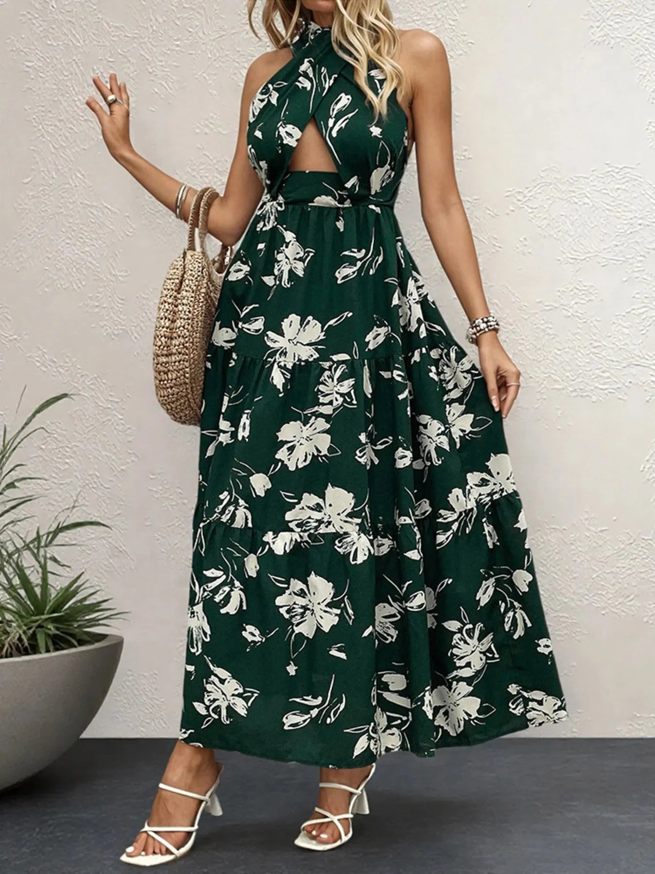 Printed Halter Neck Cutout Dress