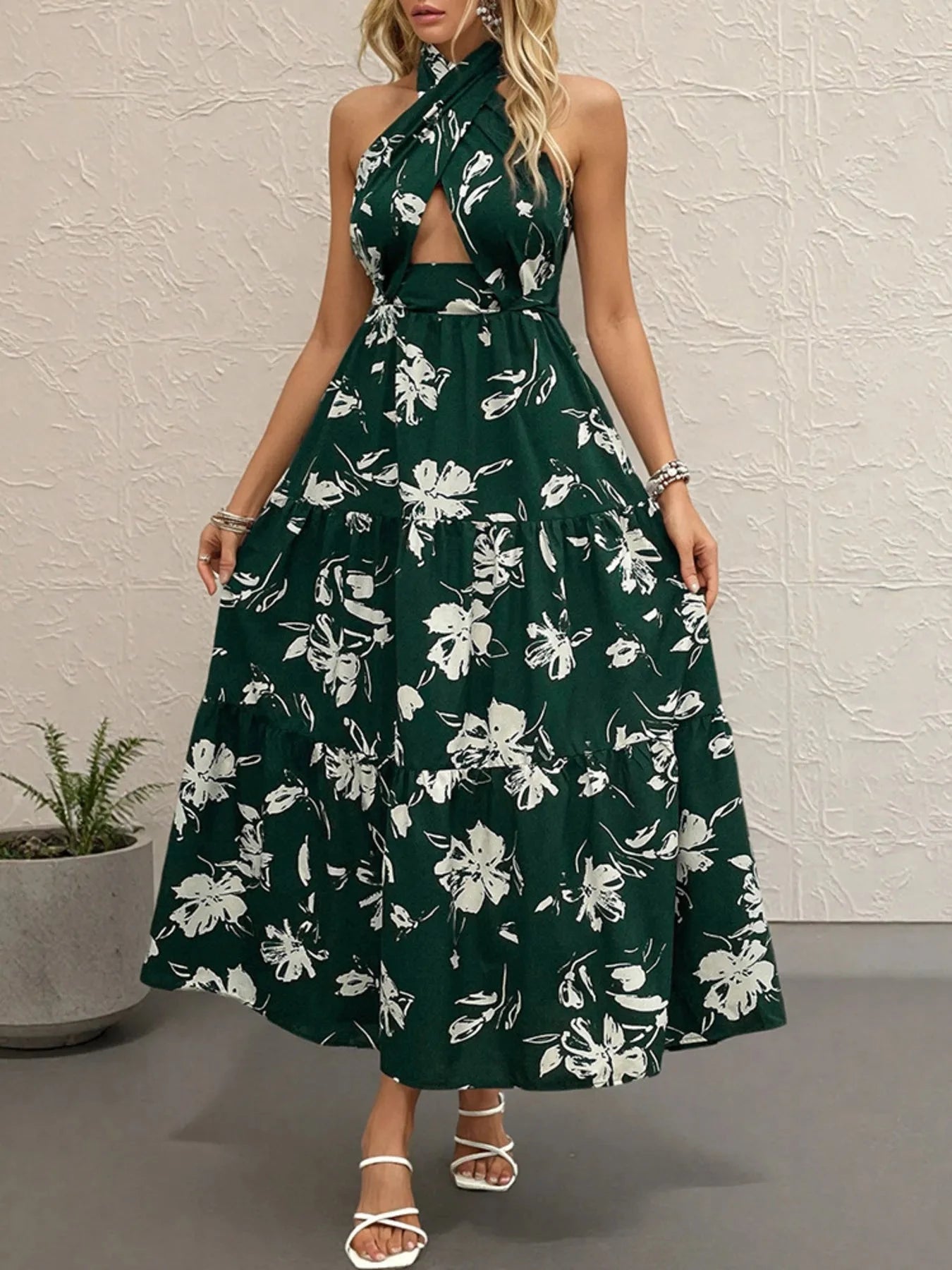 Printed Halter Neck Cutout Dress