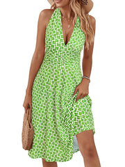 Printed Halter Neck Dress Light Green / S