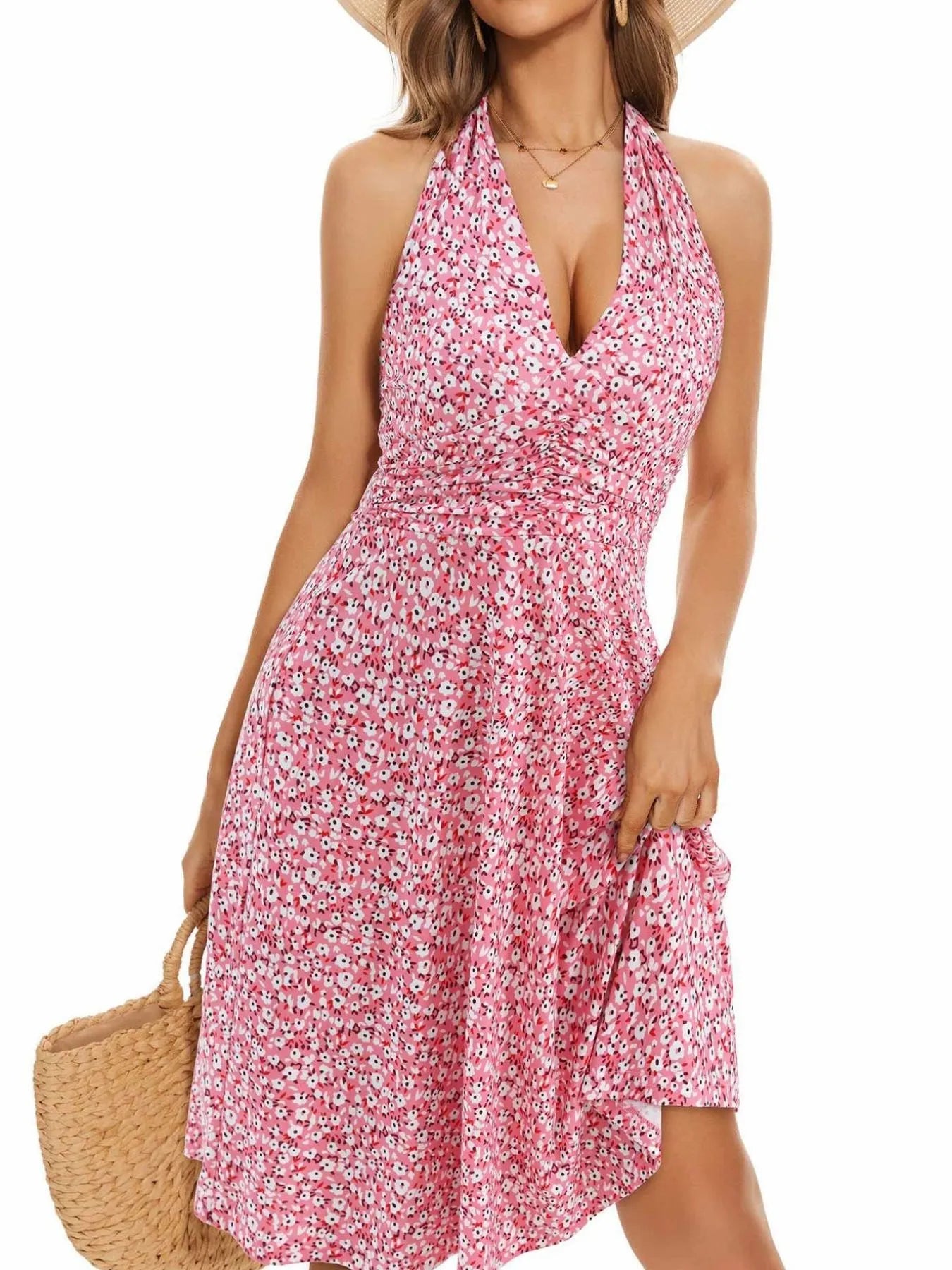 Printed Halter Neck Dress Pink / S