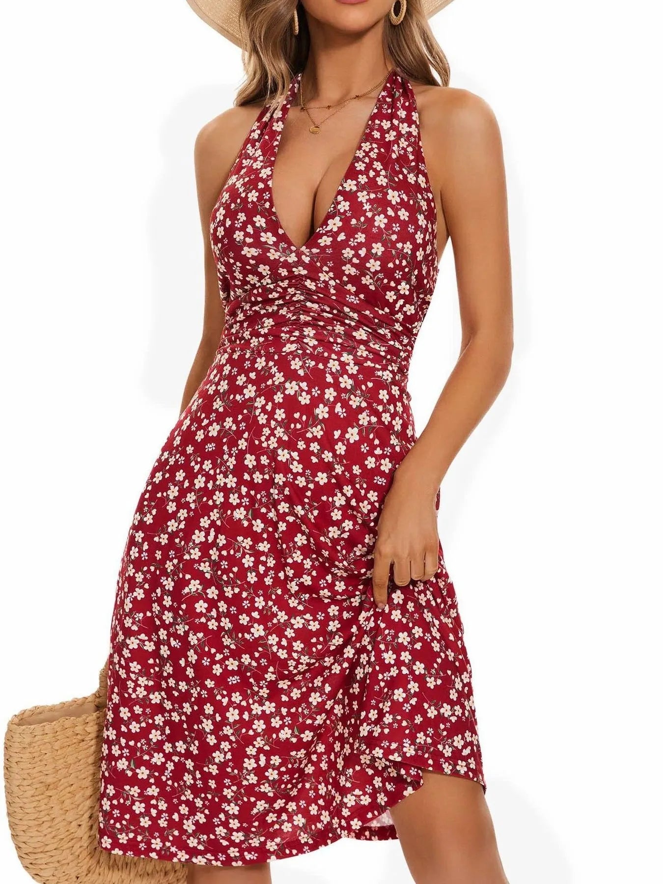 Printed Halter Neck Dress Wine Red / S