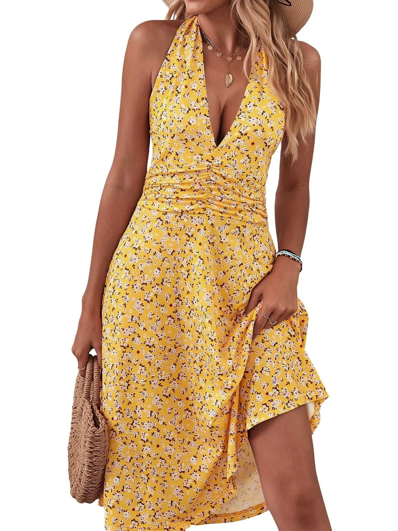 Printed Halter Neck Dress Yellow / S