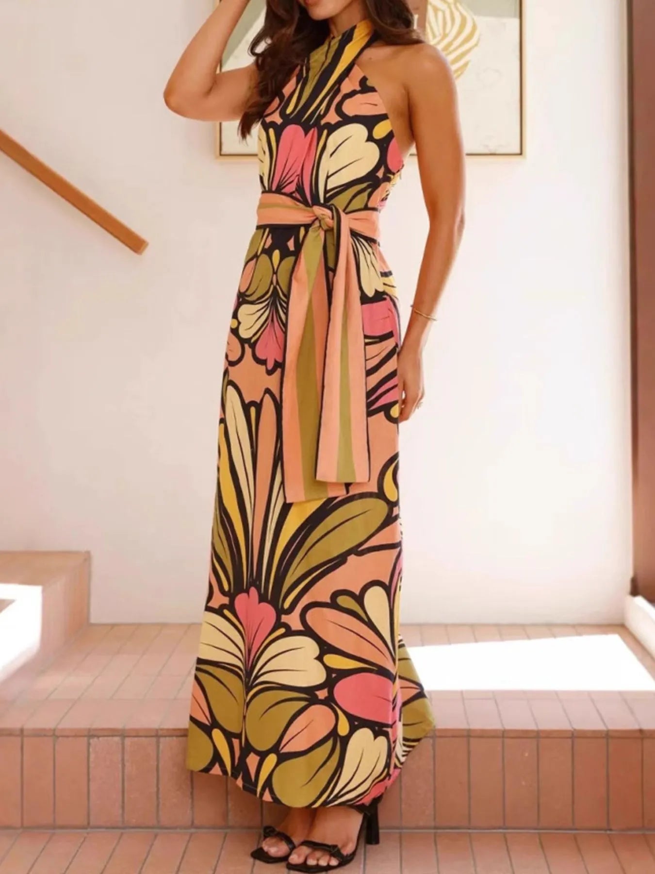 Printed Halter Neck Maxi Cami Dress