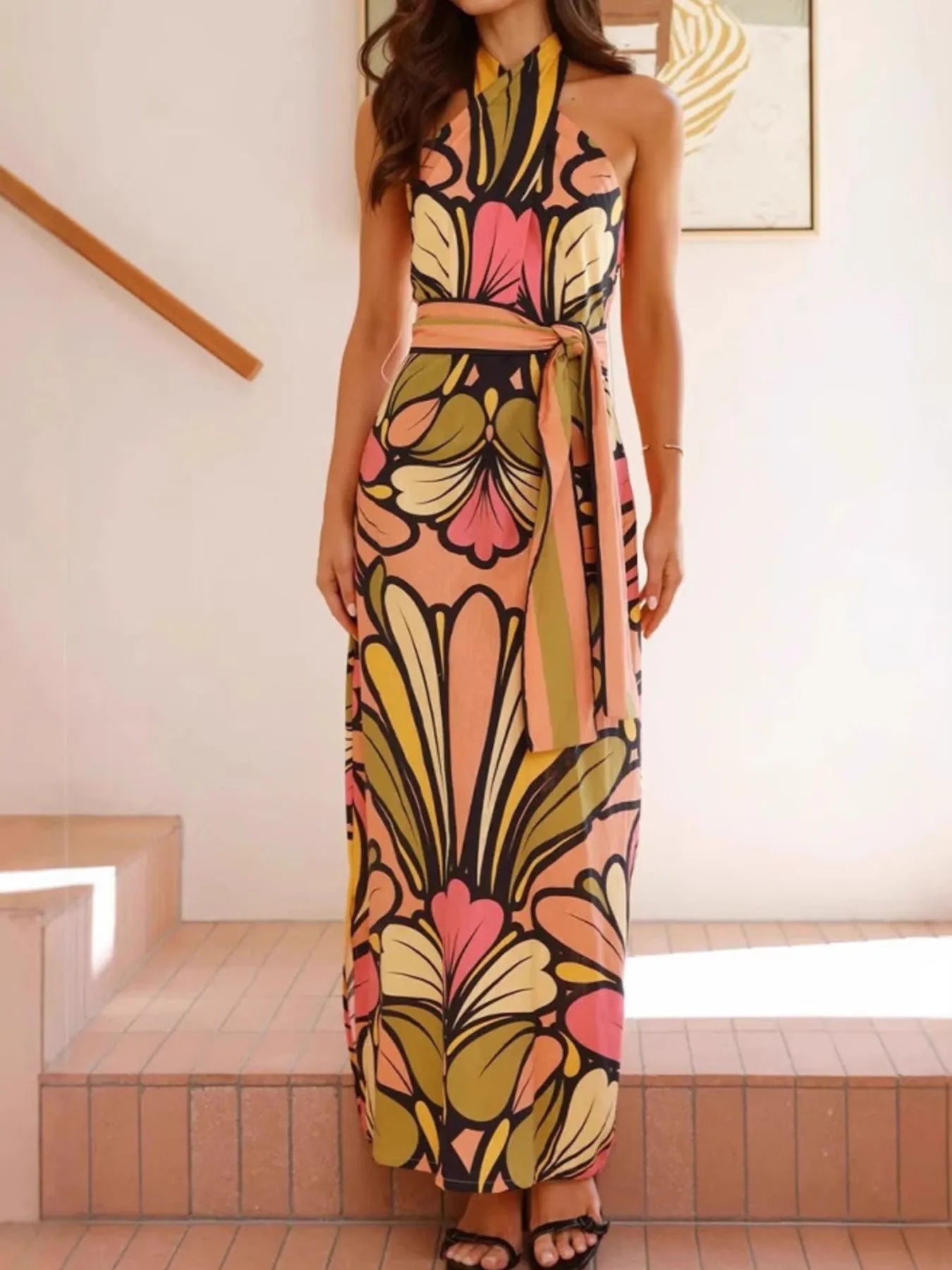 Printed Halter Neck Maxi Cami Dress