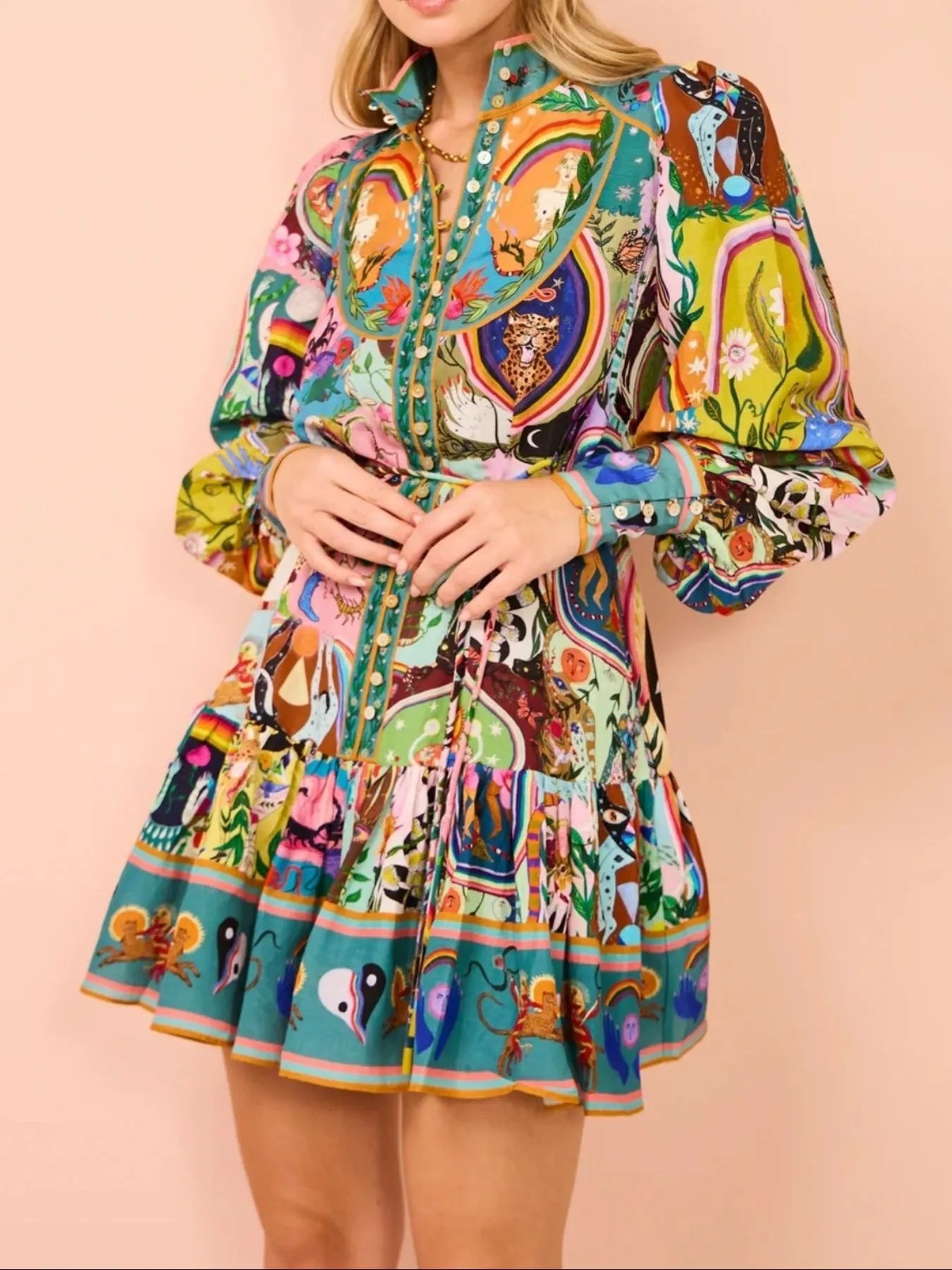 Printed Long Sleeve Mini Dress with Belt Multicolor / S
