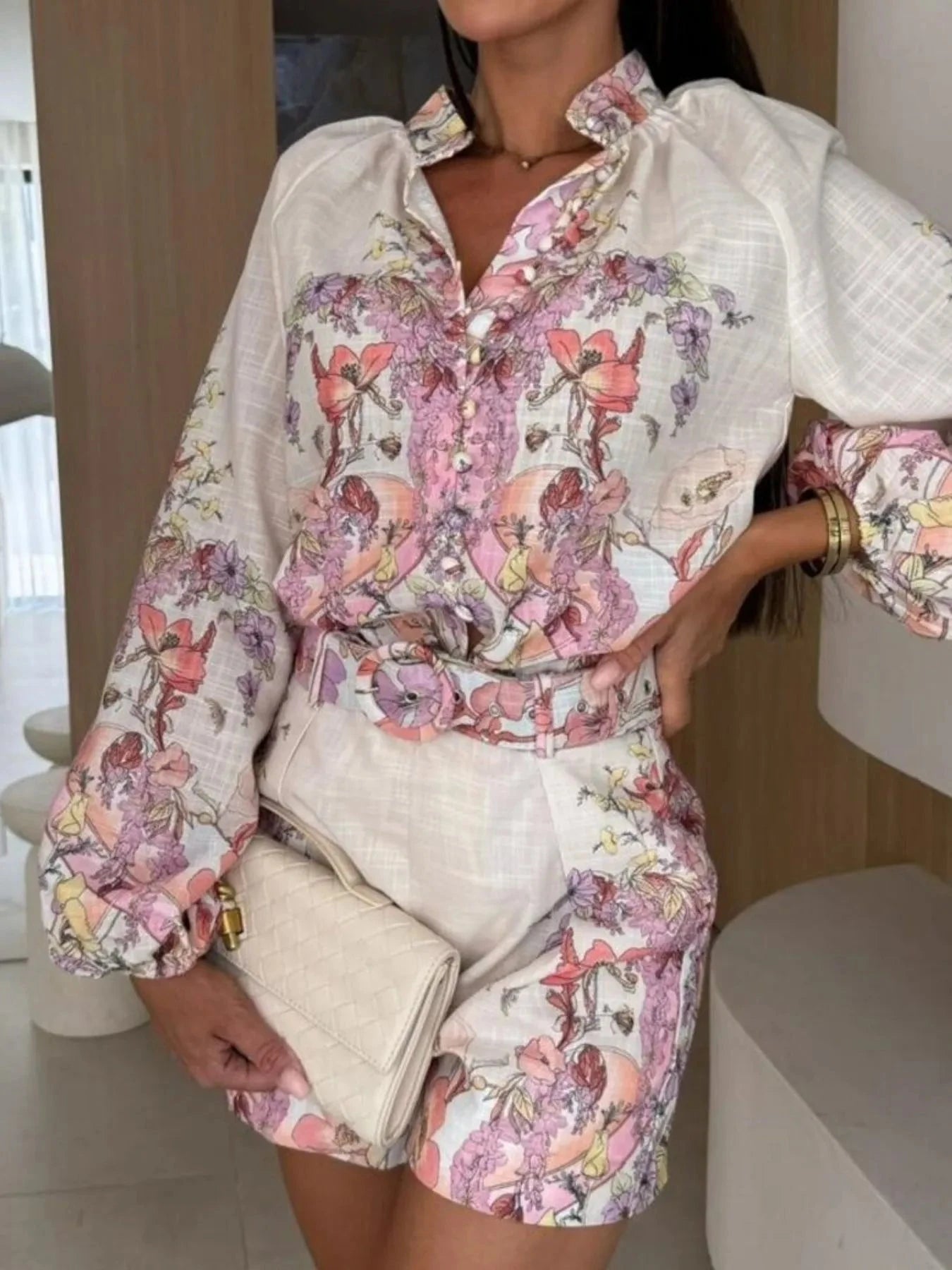 Printed Long Sleeve Shirt and Shorts Set