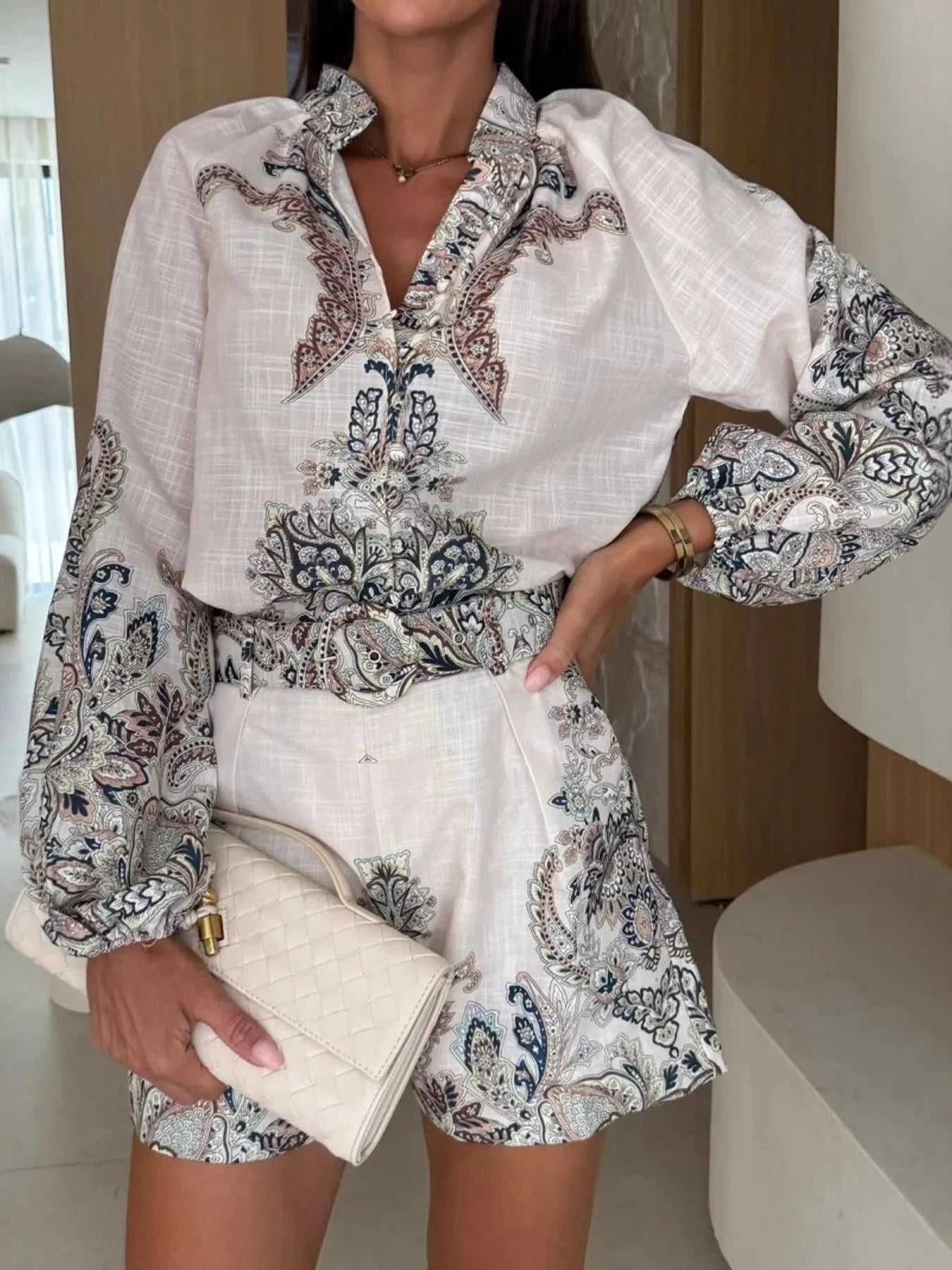 Printed Long Sleeve Shirt and Shorts Set