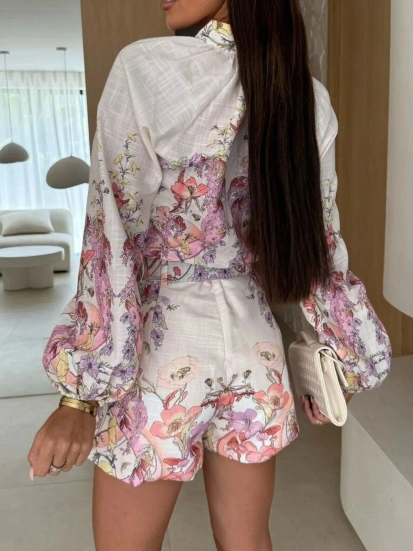 Printed Long Sleeve Shirt and Shorts Set