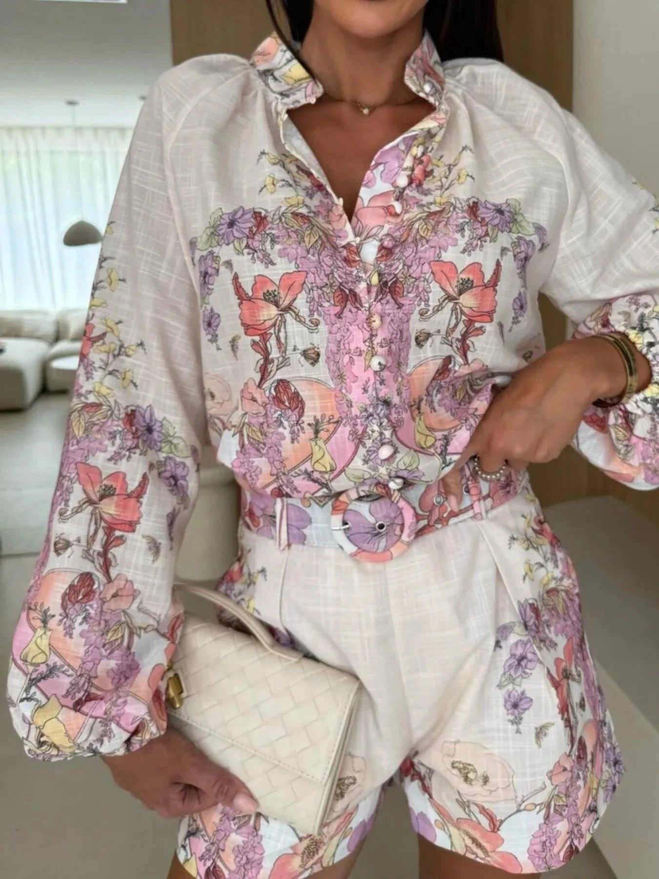 Printed Long Sleeve Shirt and Shorts Set