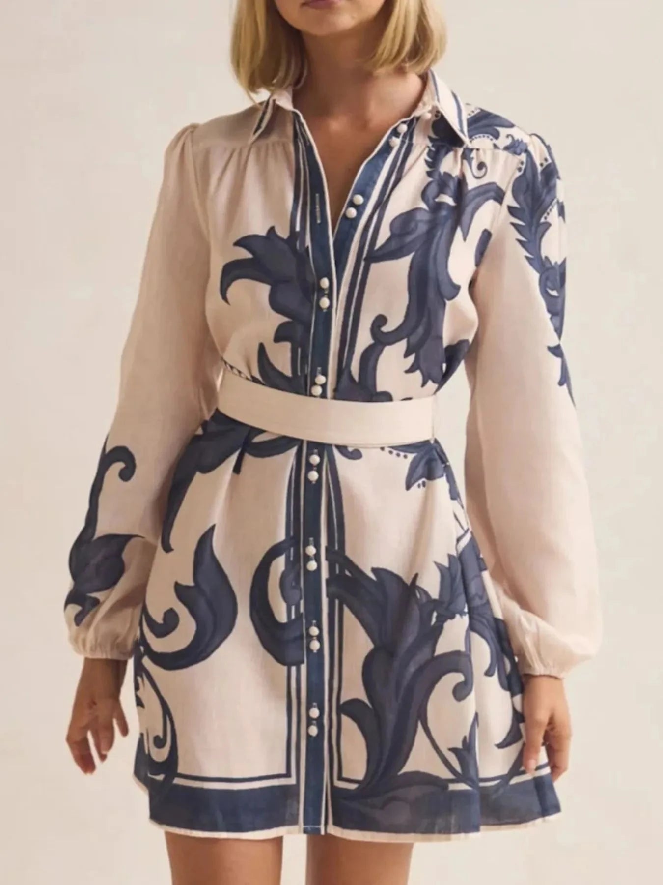 Printed Long Sleeve Shirt Dress