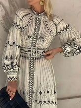 Printed Long Sleeve Shirt Dress with Belt Beige / S