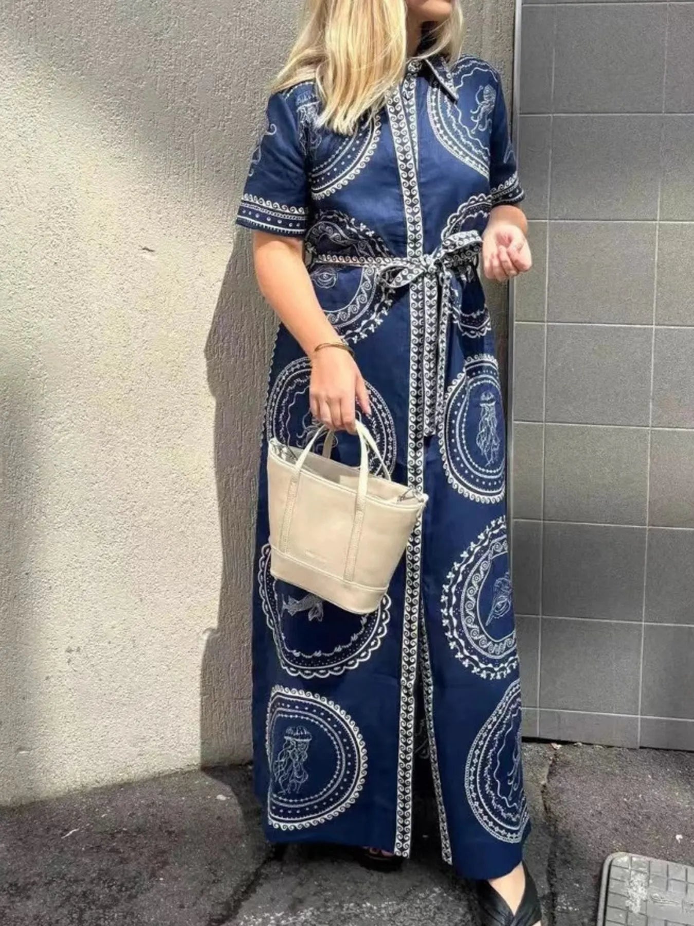 Printed Maxi Shirt Dress with Belt