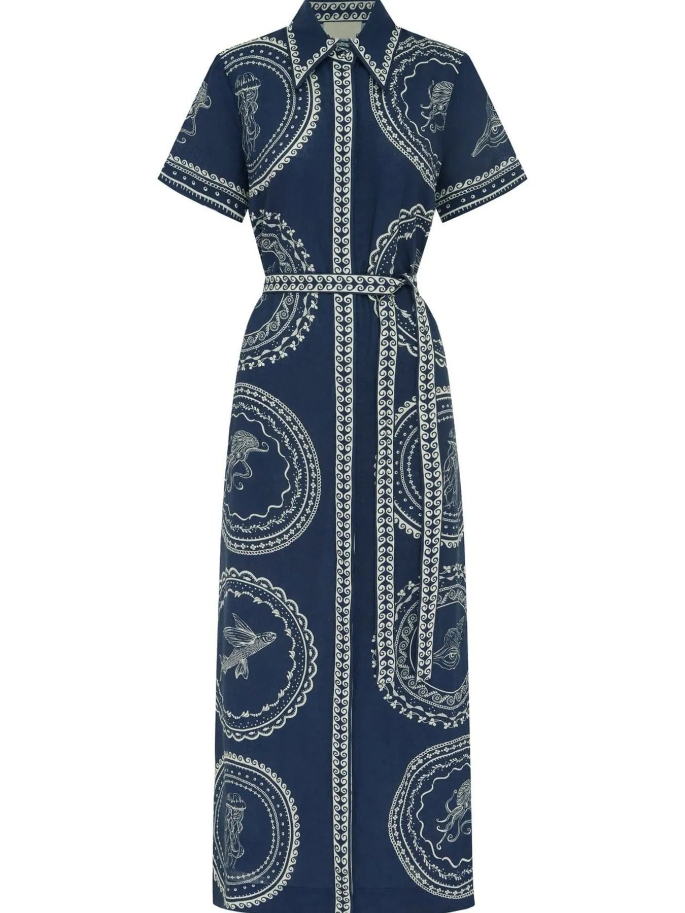Printed Maxi Shirt Dress with Belt Blue / S