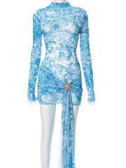 Printed Mock Neck Long Sleeve Mini Dress