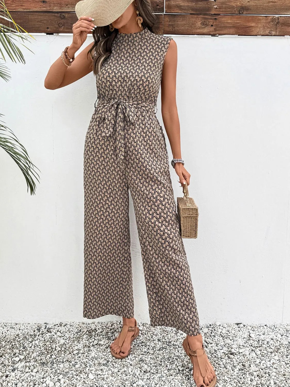 Printed Mock Neck Sleeveless Jumpsuit