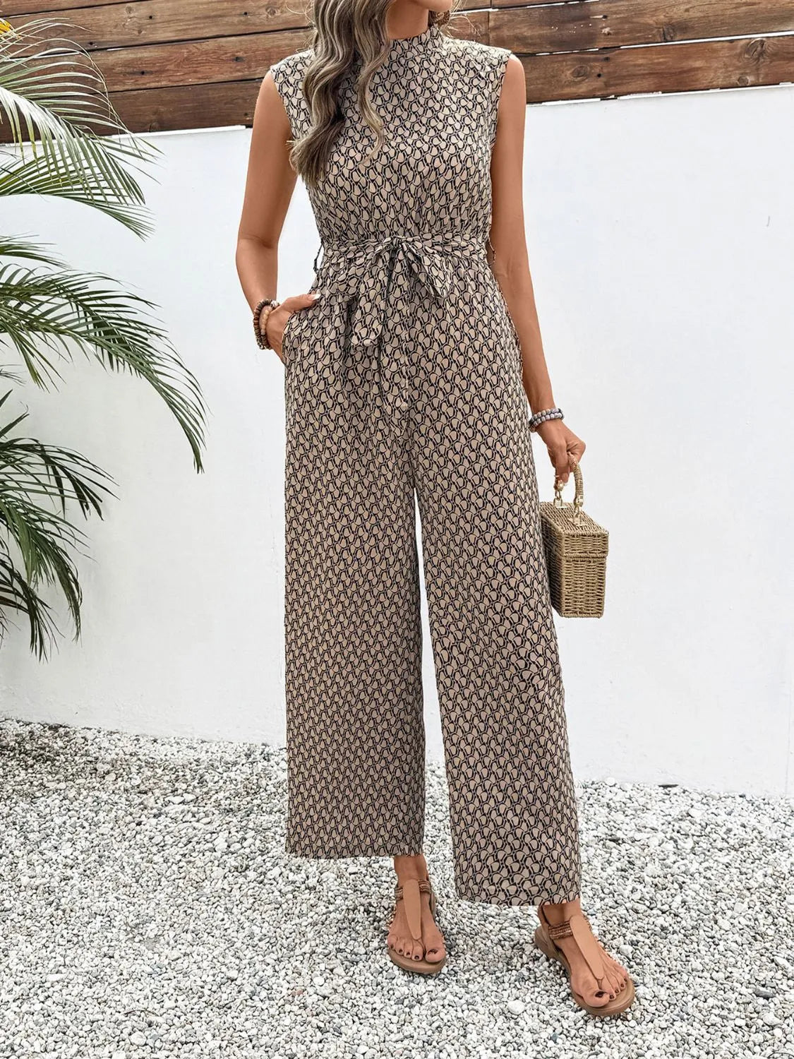 Printed Mock Neck Sleeveless Jumpsuit
