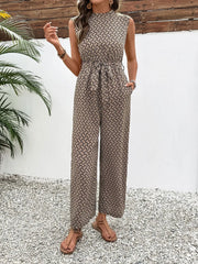 Printed Mock Neck Sleeveless Jumpsuit Camel / S