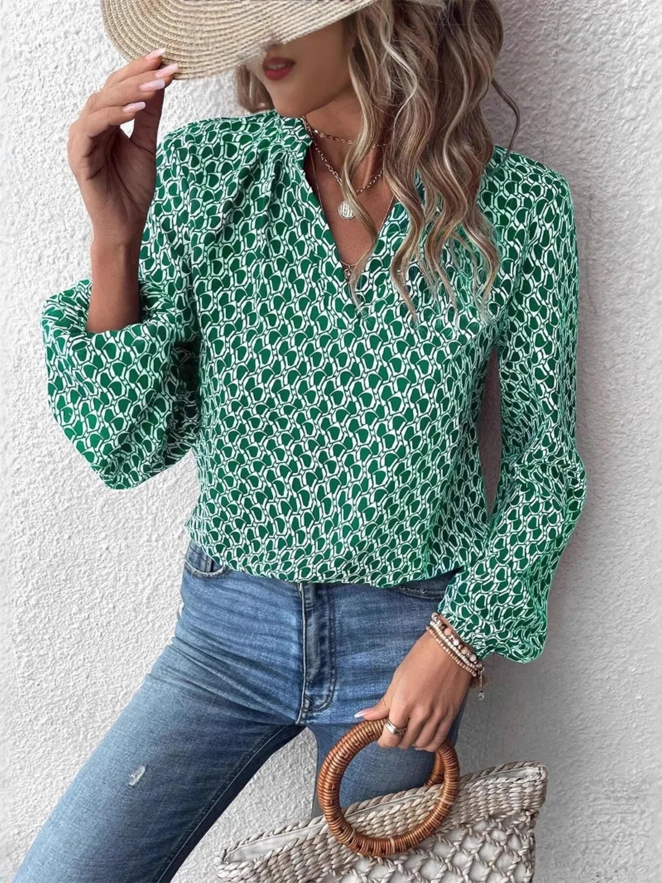Printed Notched Long Sleeve Blouse