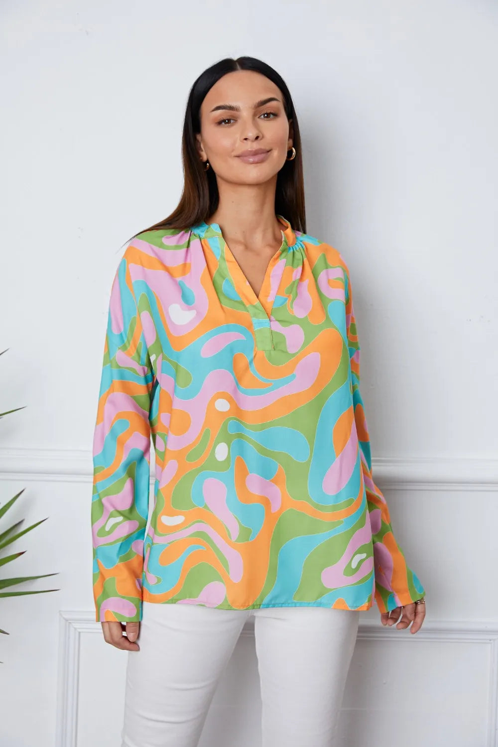 Printed Notched Long Sleeve Blouse Multicolor / S