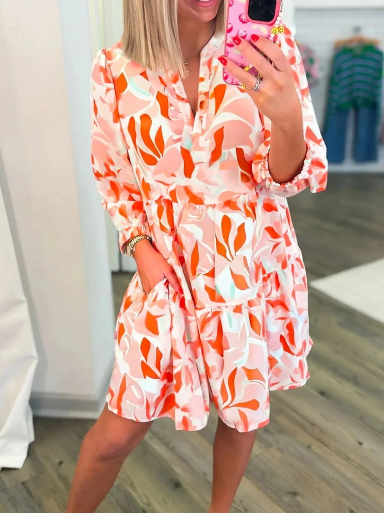 Printed Notched Long Sleeve Dress