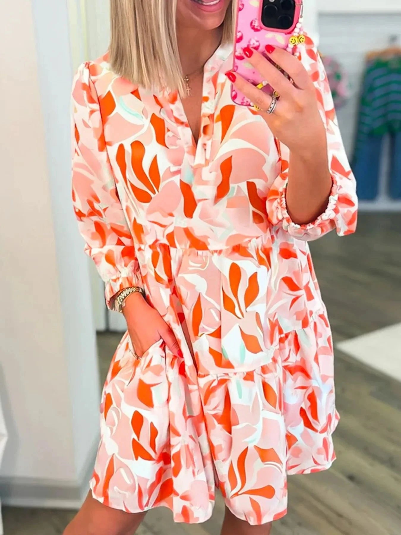 Printed Notched Long Sleeve Dress