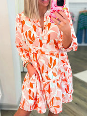 Printed Notched Long Sleeve Dress