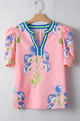 Printed Notched Puff Sleeve Blouse