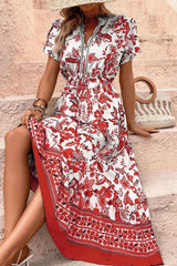 Printed Notched Short Sleeve Dress