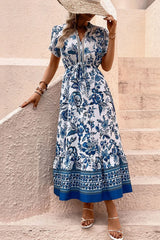 Printed Notched Short Sleeve Dress Blue / S