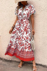 Printed Notched Short Sleeve Dress Orange-Red / S