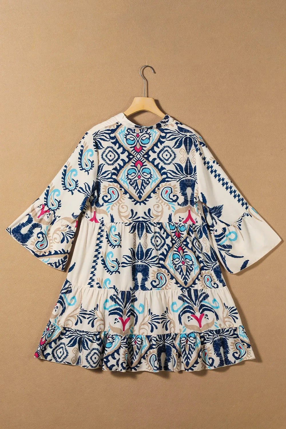 Printed Notched Three-Quarter Sleeve Mini Dress
